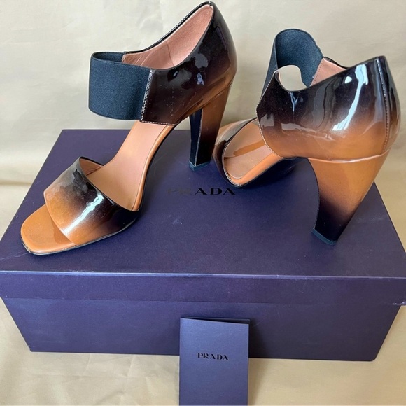 Prada Shoes - PRADA Patent Leather Banana  heels open toes‎ Tan/ Black EUC. Size 37.5 WITH BOX
